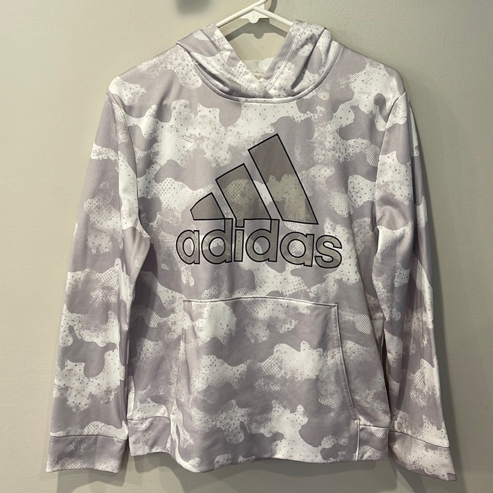Adidas kids hoodie, Gray camo and white, size 14/16